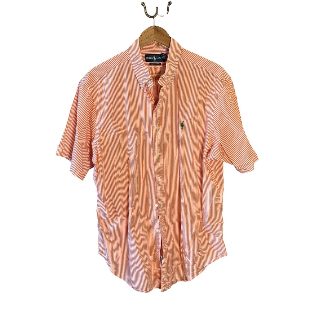 Ralph Lauren Mens XL Classic Fit Short Sleeve Button Down Orange Stripe Resort